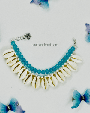 White Cowrie & Sky Blue Beaded Bracelet