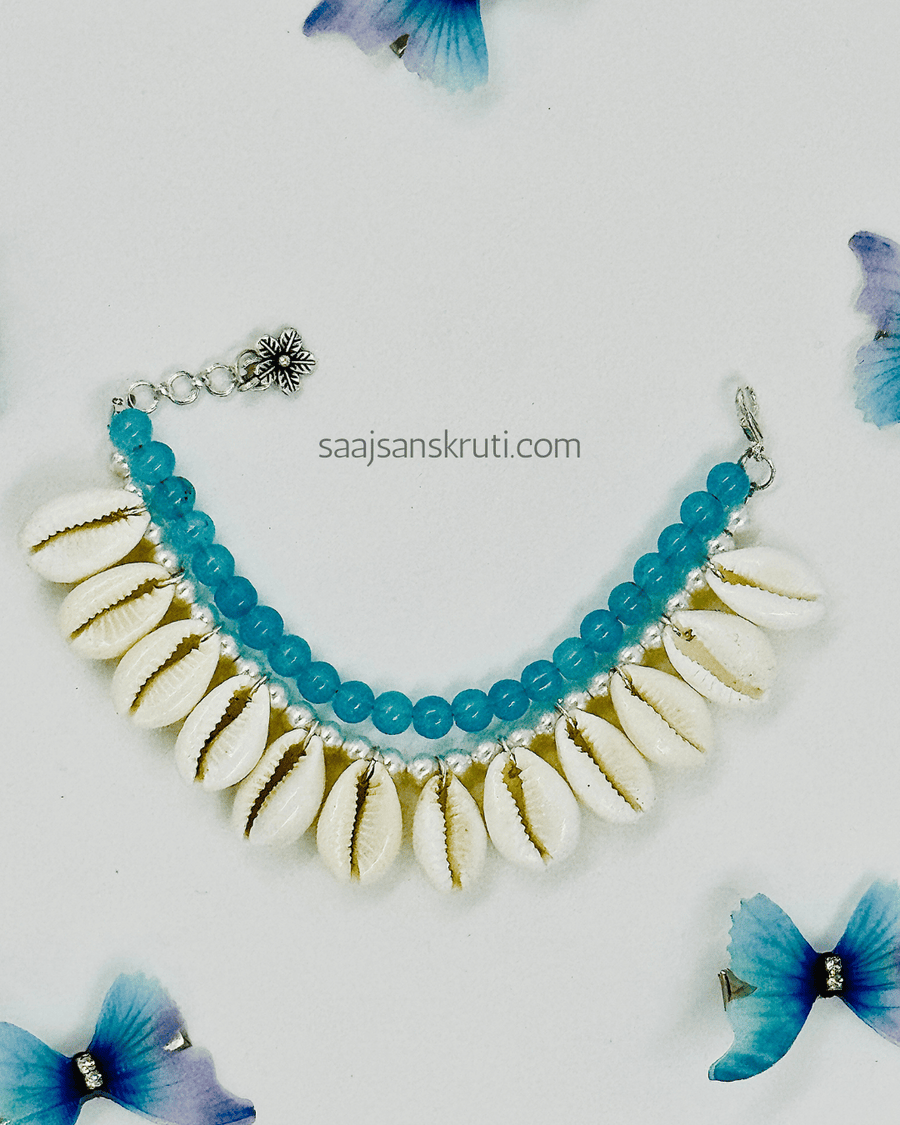 White Cowrie & Sky Blue Beaded Bracelet