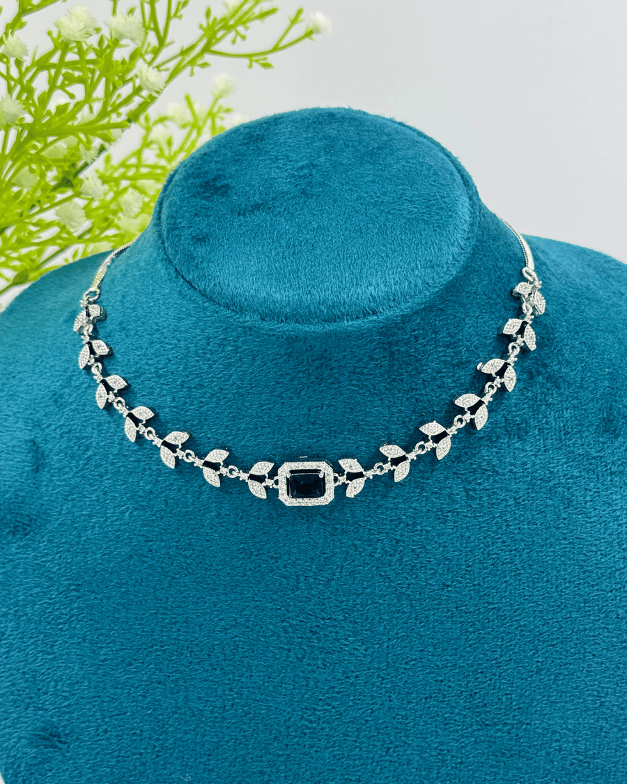 Dark Blue silver AD Stone Necklace combo (Necklace, Ring, Braclate,Earring)