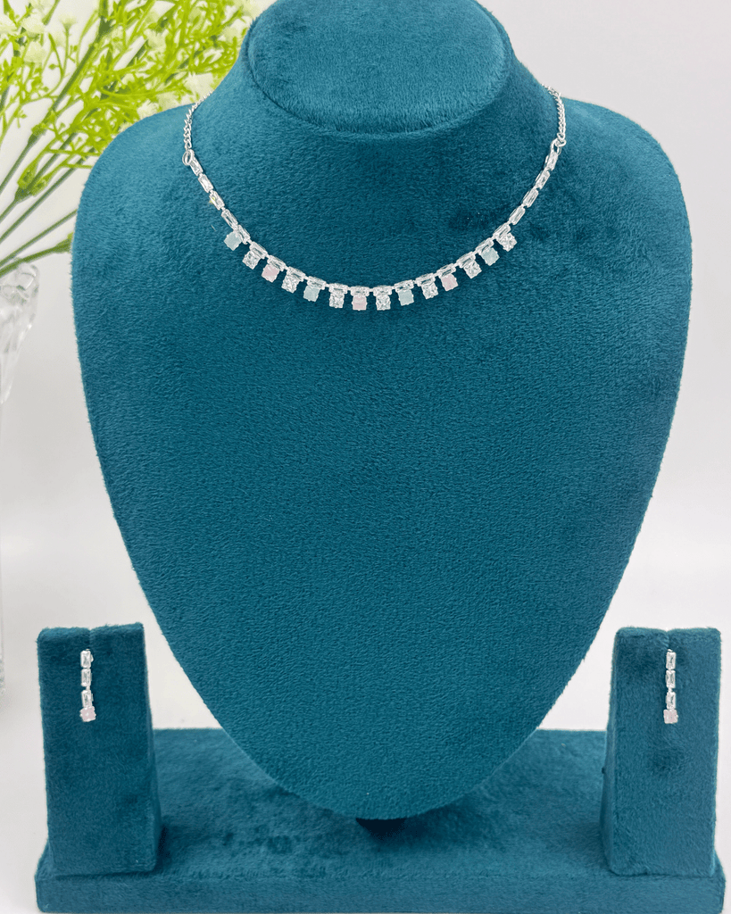 Pink and Blue Square AD Stone Simple Necklace