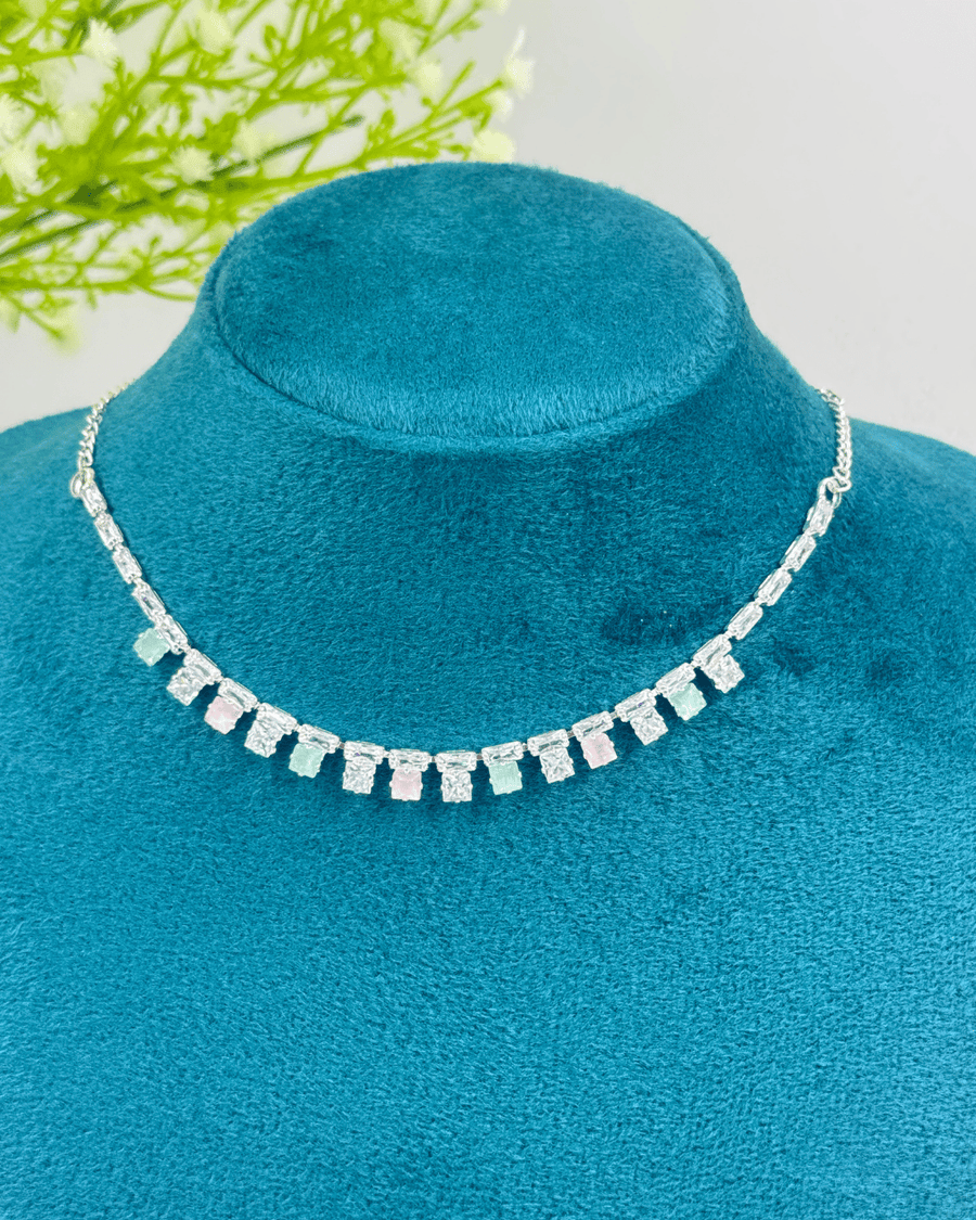 Pink and Blue Square AD Stone Simple Necklace