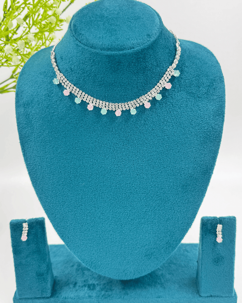 Blue and Pink Round AD Stone Simple Necklace