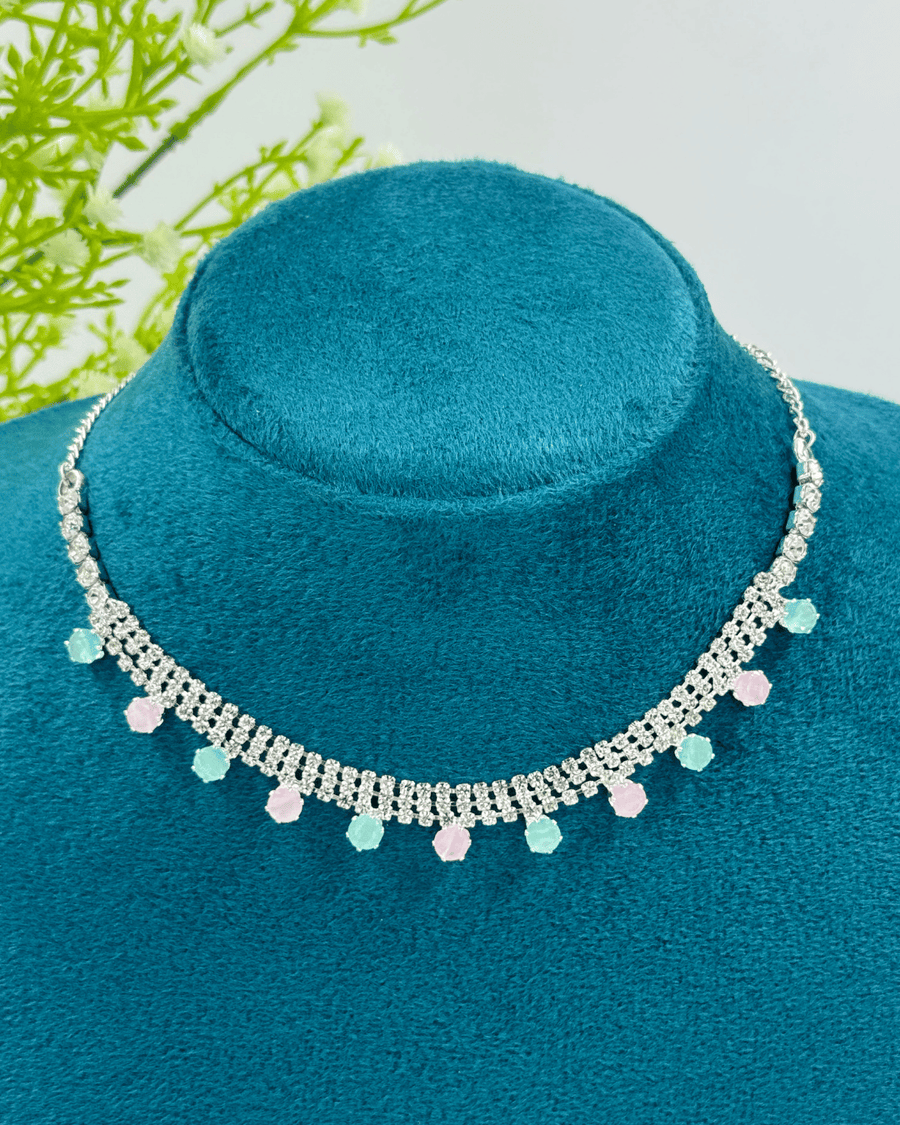 Blue and Pink Round AD Stone Simple Necklace