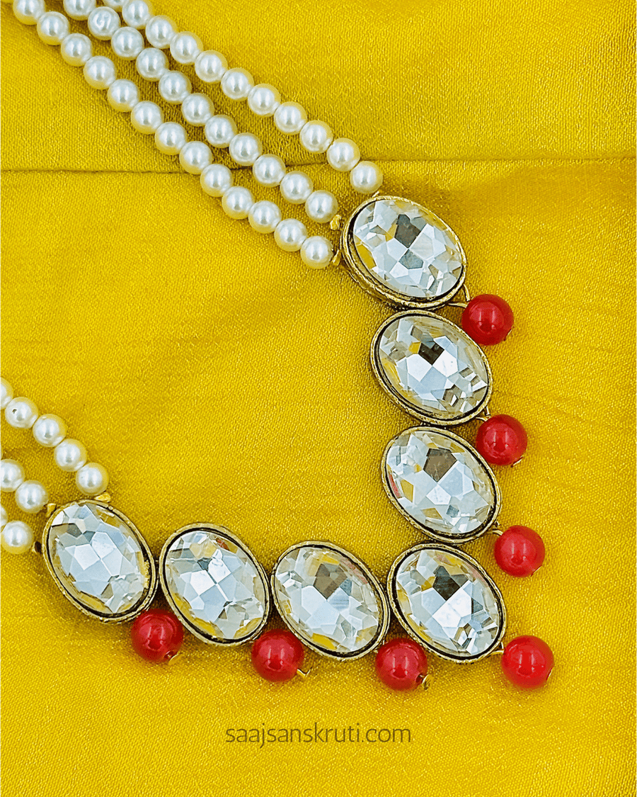 3-Layer Pearl Kundan Necklace with Red Beads