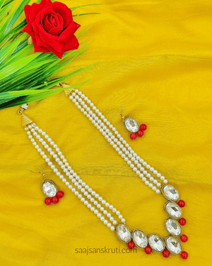 3-Layer Pearl Kundan Necklace with Red Beads