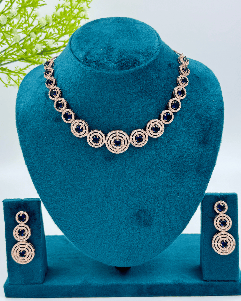 Royal Blue Round Rosegold AD Stone Necklace