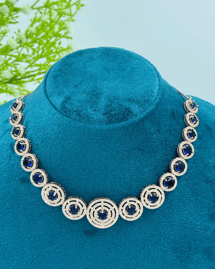 Royal Blue Round Rosegold AD Stone Necklace