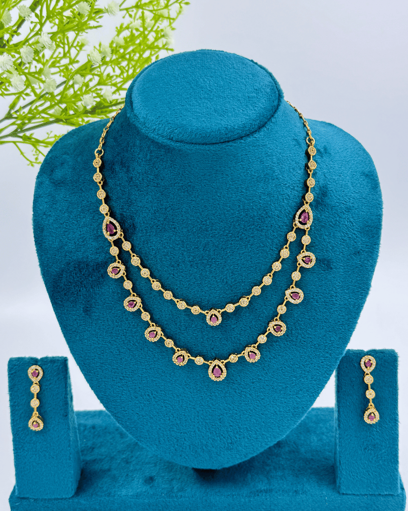 Pink drop shape Kundan 2 layer Golden AD Stone Necklace