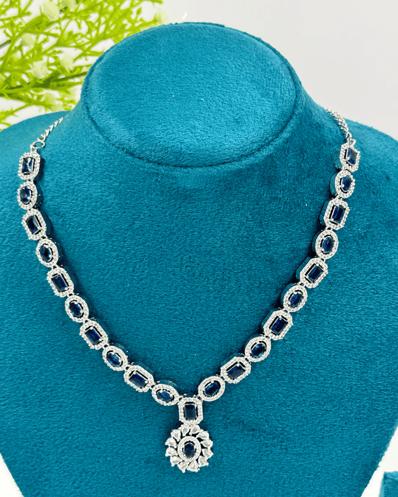 Navy Blue Silver AD Stone Necklace