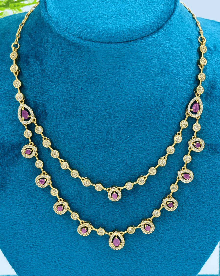 Pink drop shape Kundan 2 layer Golden AD Stone Necklace