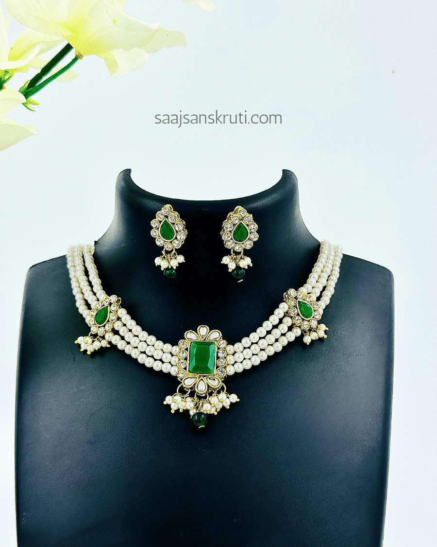 Regal Green Kundan Pearl Choker Necklace Set