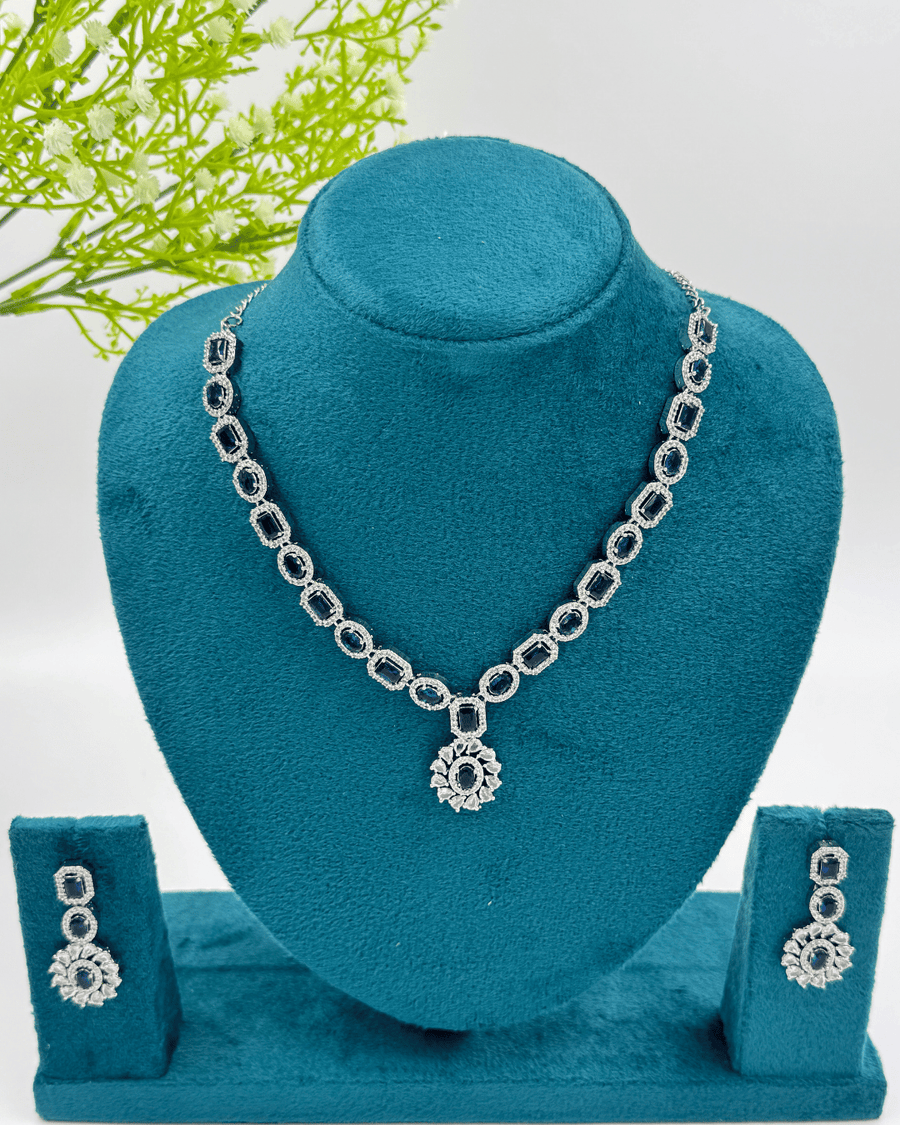 Navy Blue Silver AD Stone Necklace