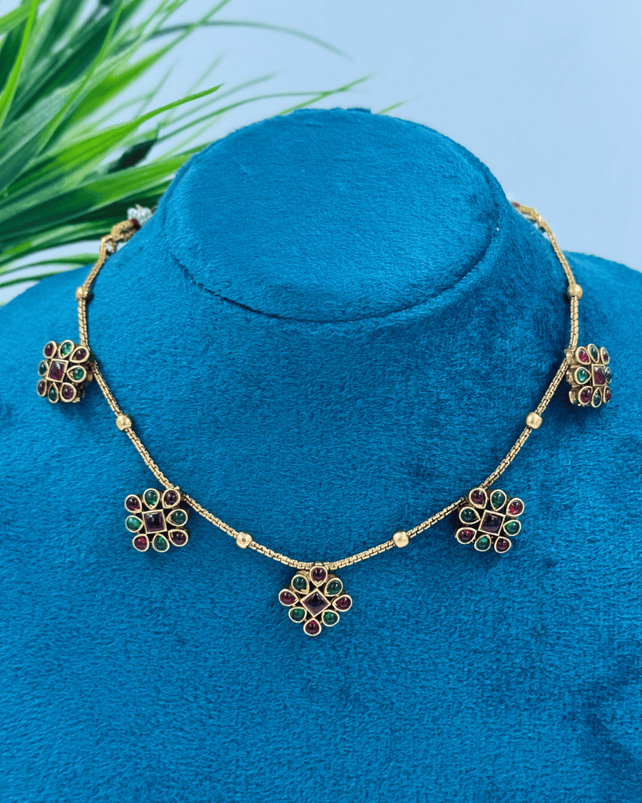 Pink And Green Square Pentant Chain Chokar Necklace