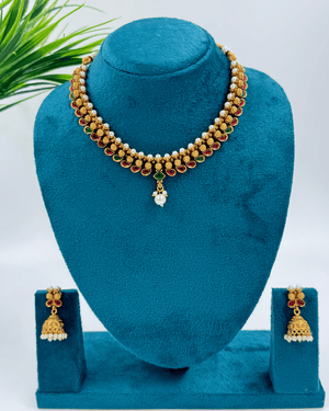 Red Na Green Matt Finish Chokar With Jhumka Earrings