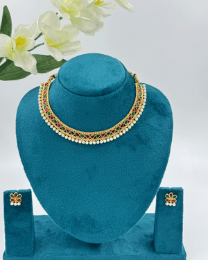 Pink And Green with Moti Chokar Necklace