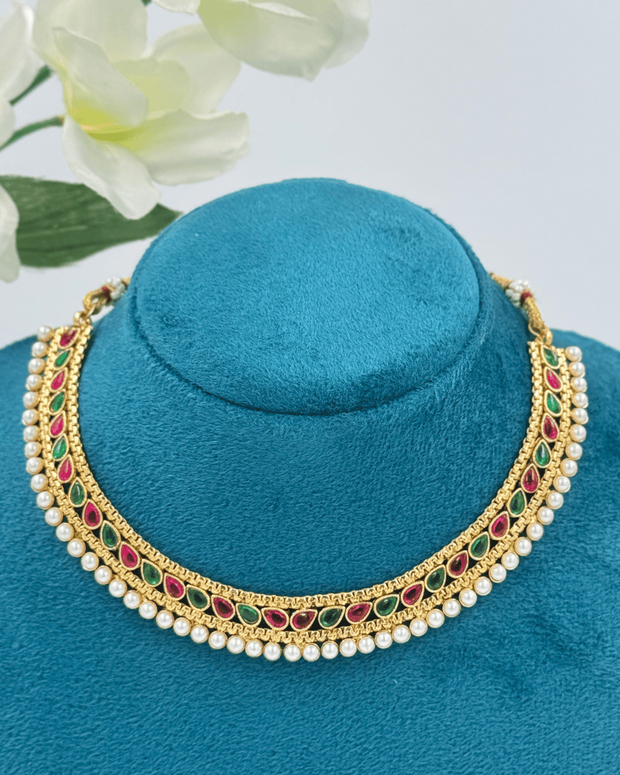 Pink And Green with Moti Chokar Necklace