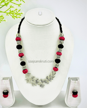Pink & Black Cotton Bead Necklace Set with Oxidised Silver Pendant