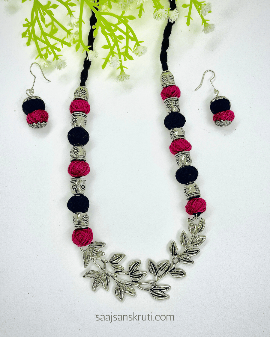 Pink & Black Cotton Bead Necklace Set with Oxidised Silver Pendant