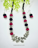Pink & Black Cotton Bead Necklace Set with Oxidised Silver Pendant